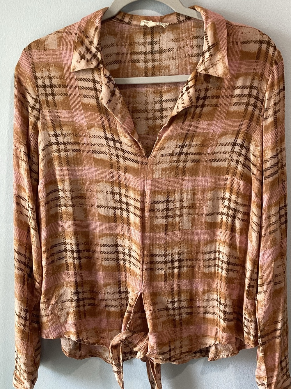 Mystree Pink and Brown Plaid Tie-Front Button Top